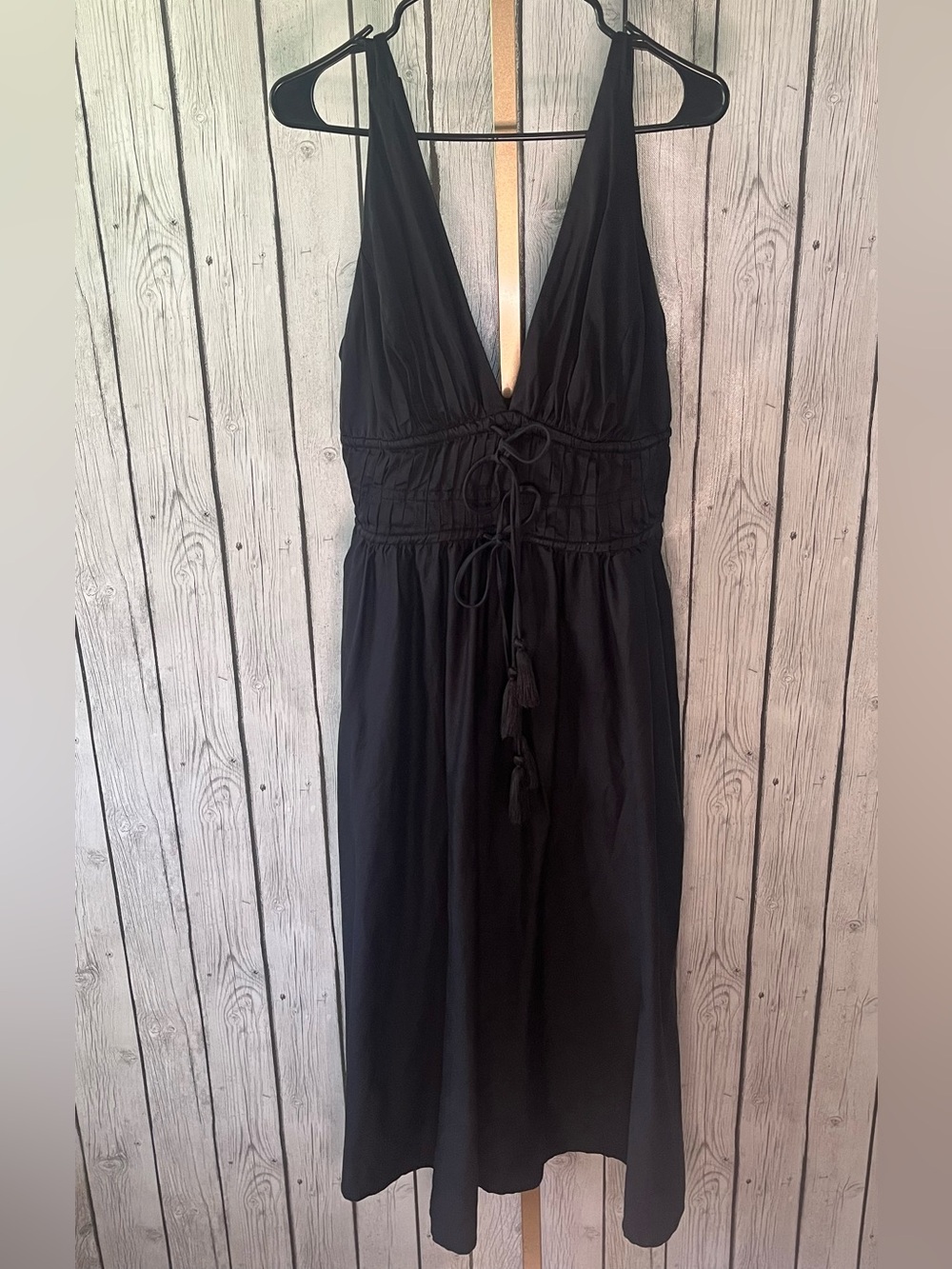 Maeve Anthropologie Black Smocked V-Neck Midi Dress Tassel Tie XL